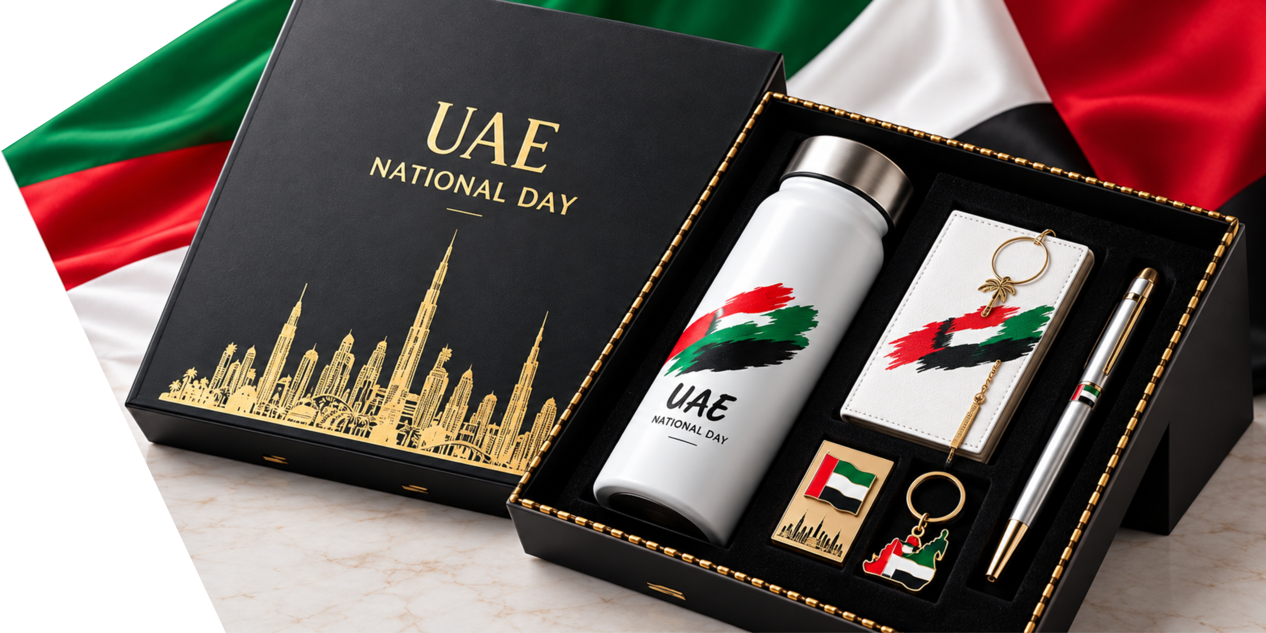 Premium UAE National Day corporate gift set in Dubai with bottle, keychain, pen and custom accessories