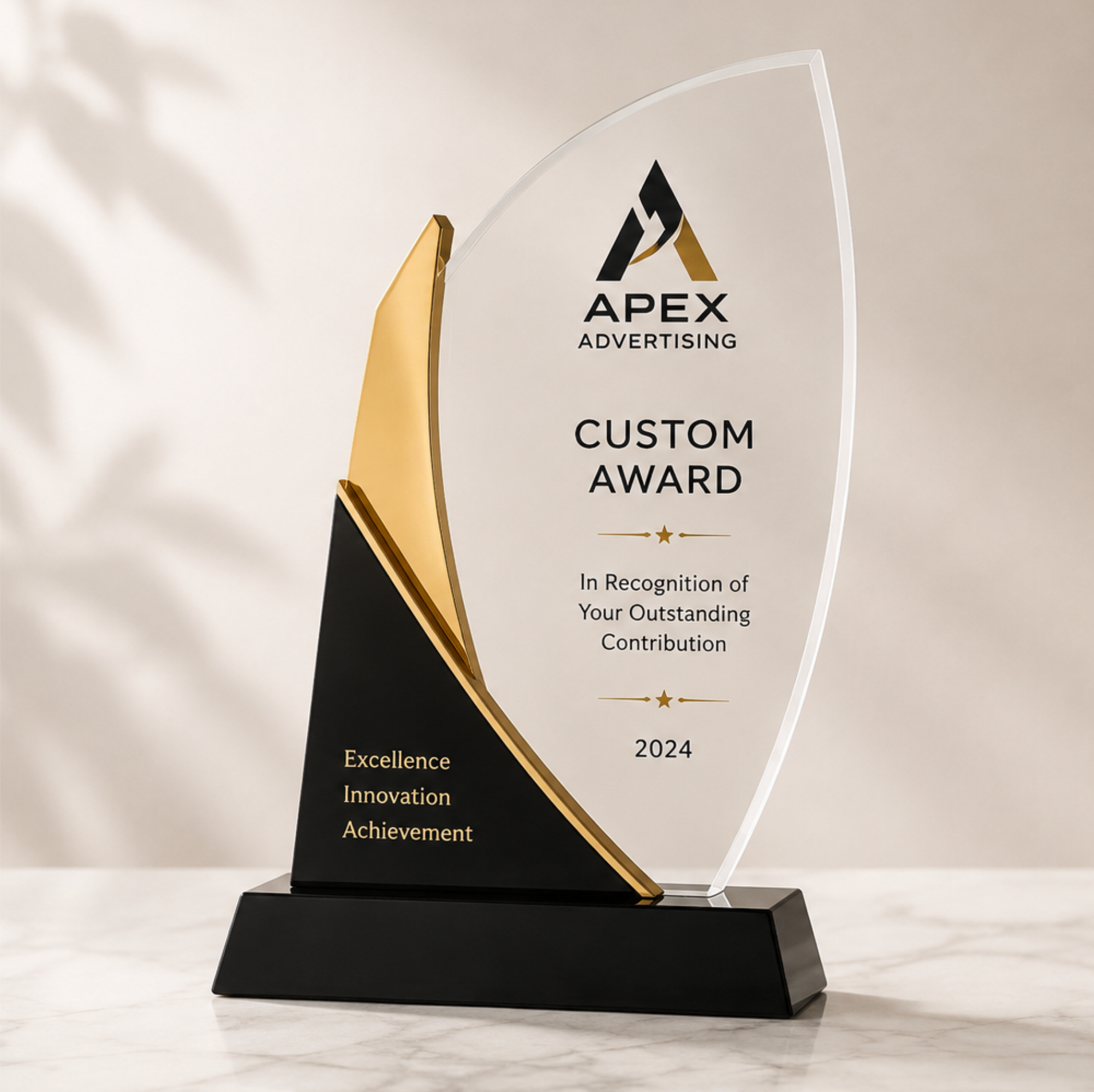 Custom acrylic and metal award with premium branding for corporate recognition in Dubai
