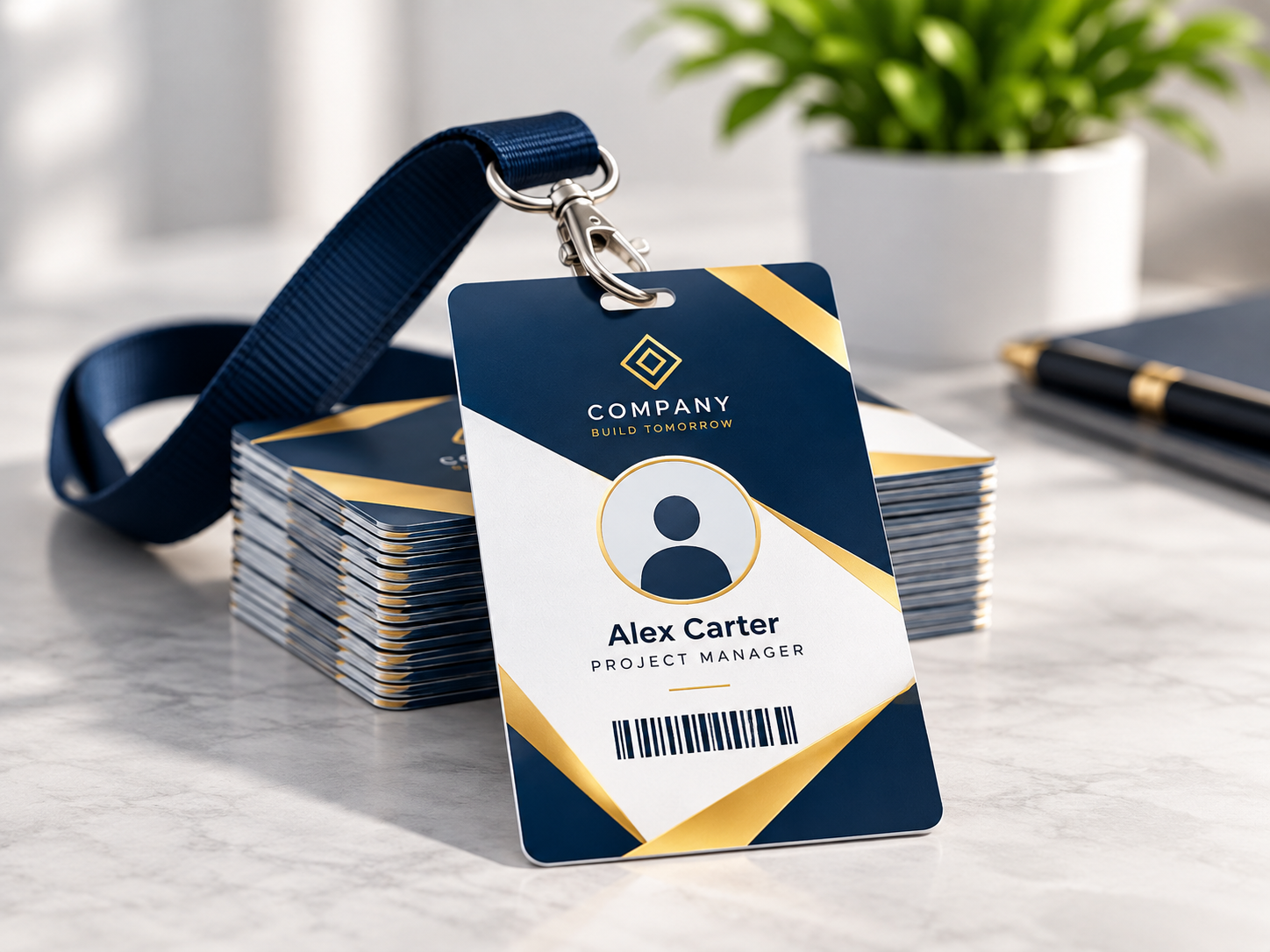 Custom corporate ID badge with navy lanyard in Dubai