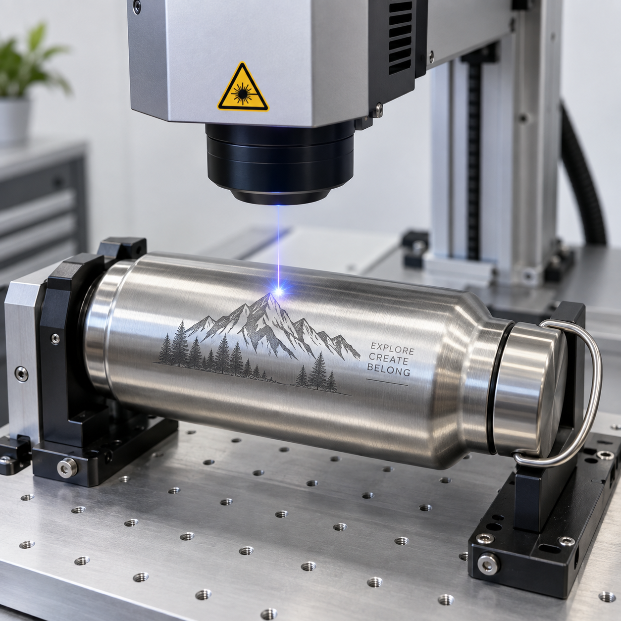Laser marking machine engraving a stainless steel bottle with a custom design