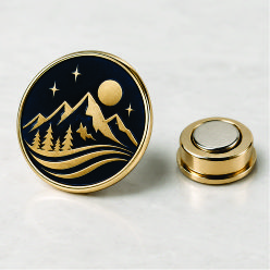 Custom magnetic lapel pin in gold metal with a mountain and nightscape design, displayed in a premium close-up mockup.