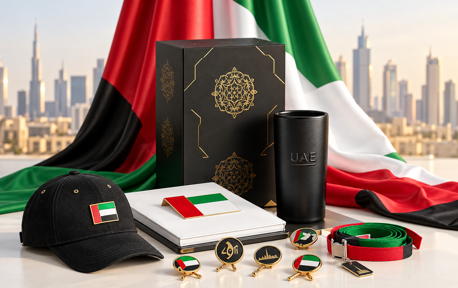 UAE National Day corporate gift set in Dubai with custom pins, lanyard, cap, notebook and tumbler