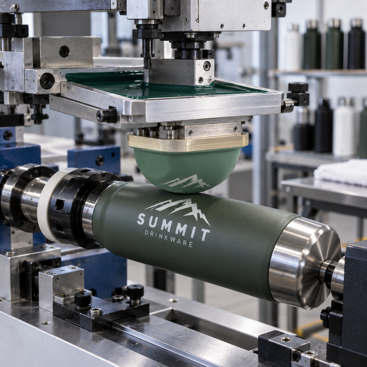 Pad printing machine printing a logo on a stainless steel bottle