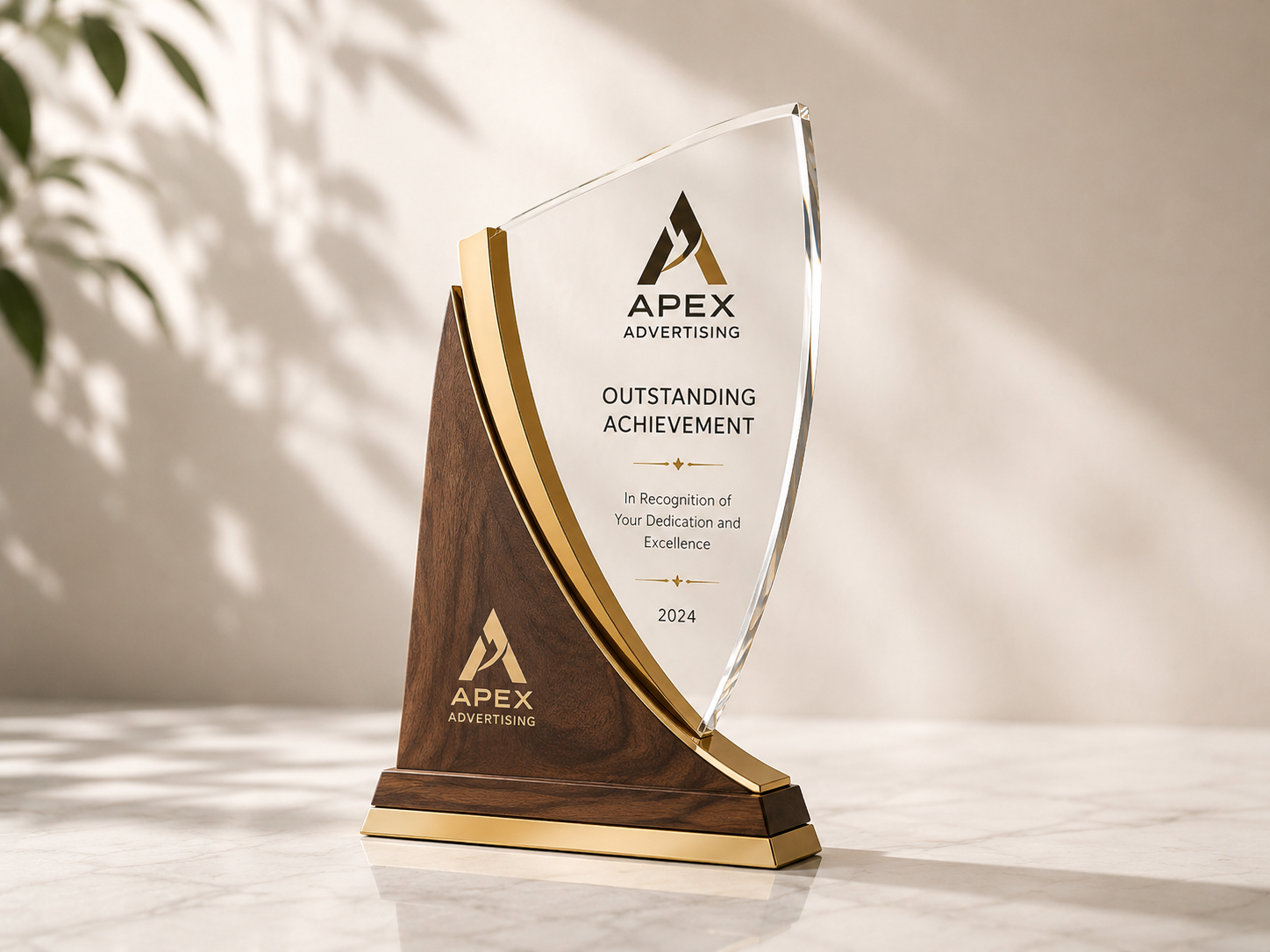 Custom wooden and crystal achievement award with gold accents for corporate recognition in Dubai