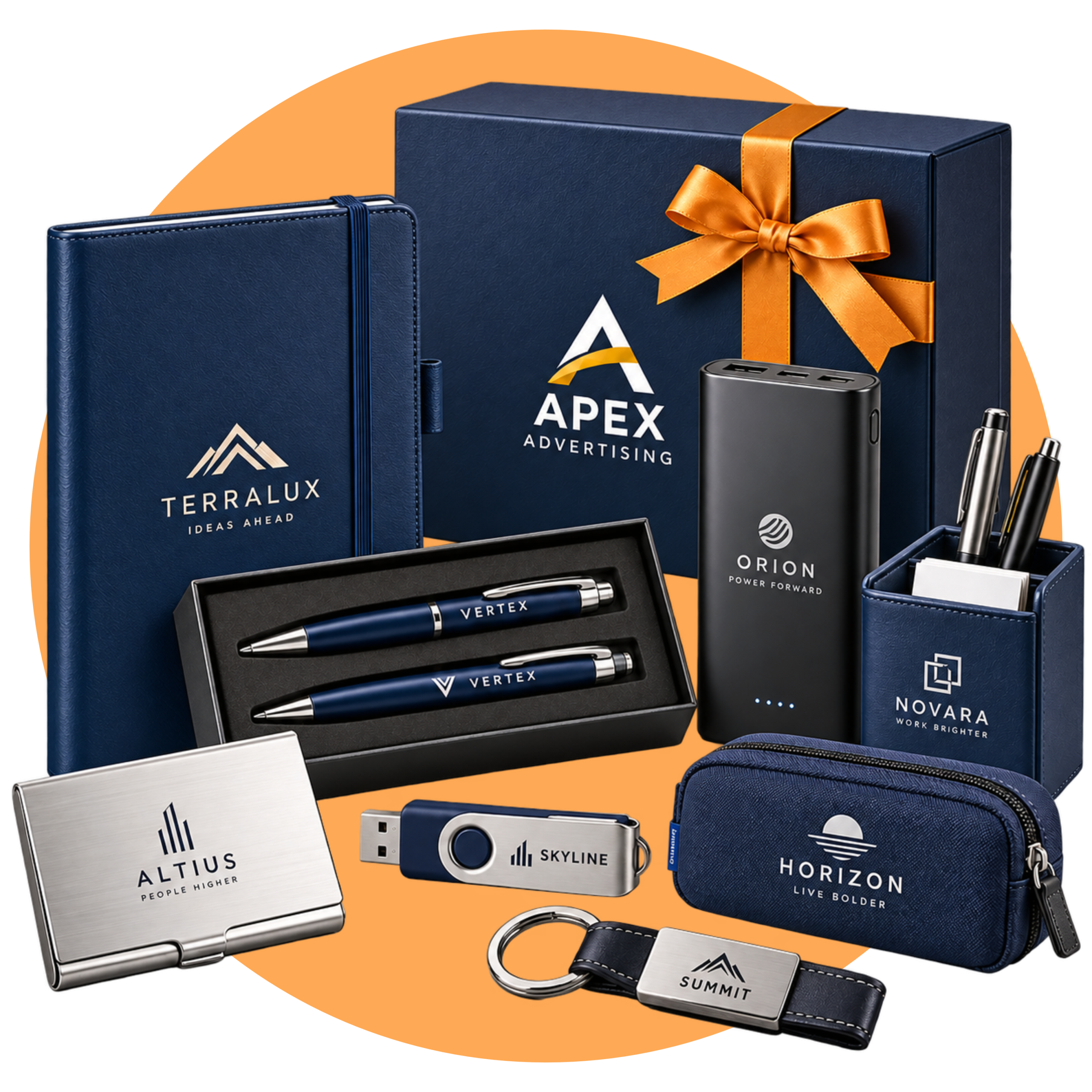 Custom corporate gifts set with notebook, pens, power bank, USB drive, business card holder, keychain and premium gift box.