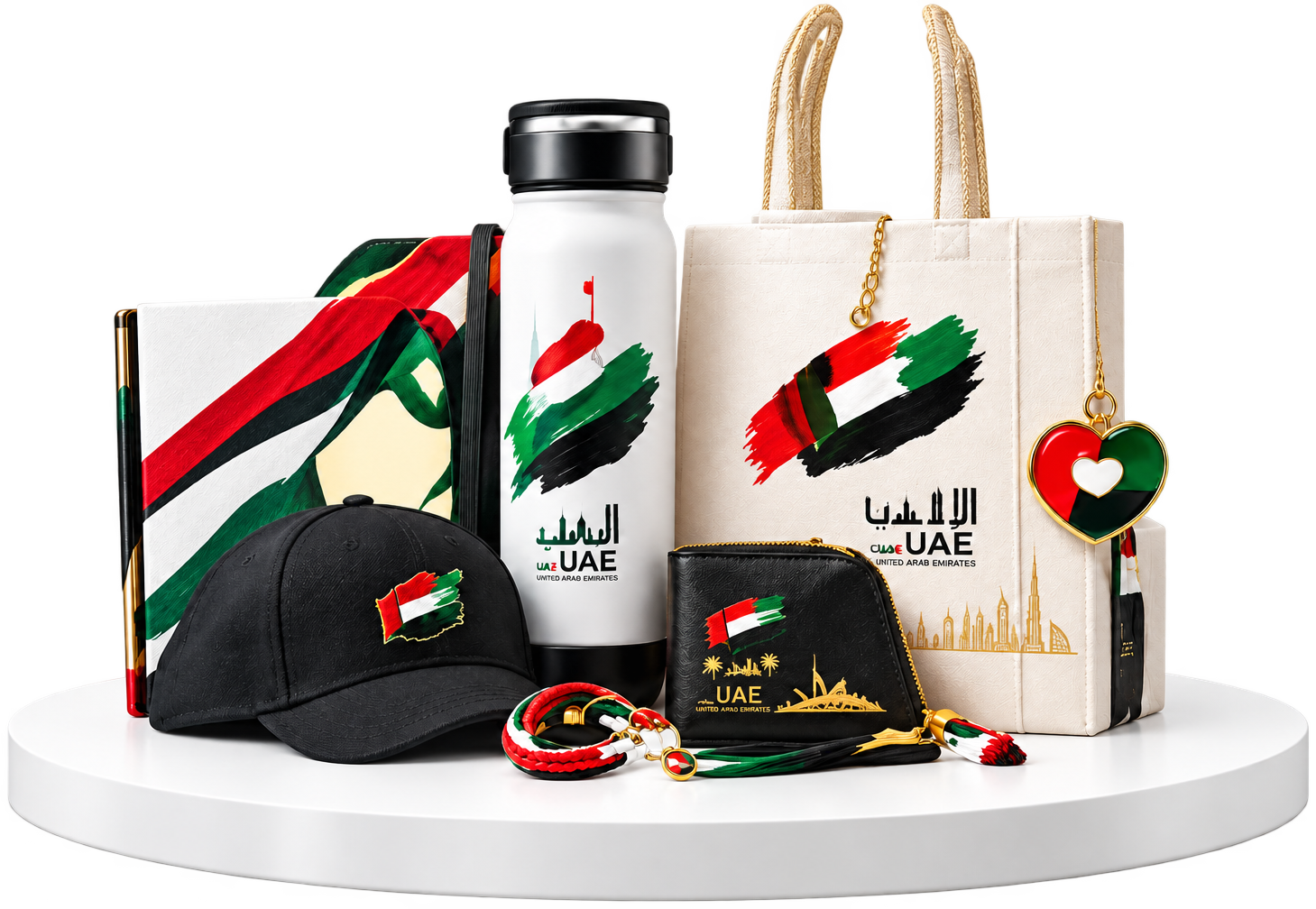 UAE National Day corporate gifts in Dubai with custom bottle, tote bag, cap, notebook and accessories