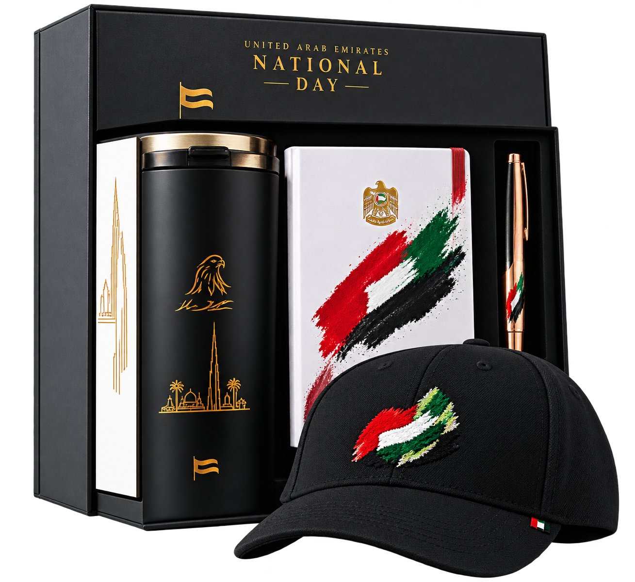 Premium UAE National Day corporate gift set in Dubai with tumbler, notebook, pen and custom cap