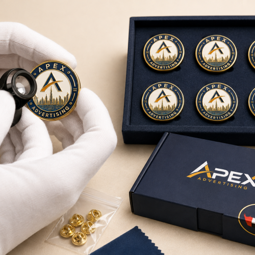 White-gloved quality inspector examining custom Apex enamel lapel pins beside branded packaging prepared for delivery across the UAE.