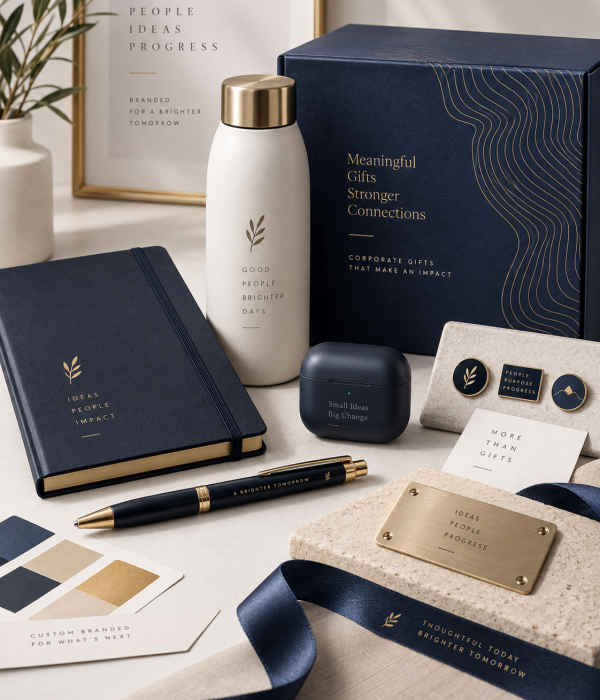 Premium corporate gift collection with branded notebook, bottle, pen, packaging and lapel pins for businesses in Dubai UAE