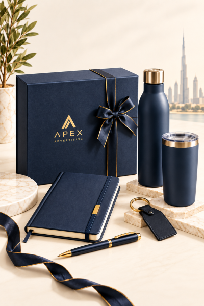 Premium corporate gifts with Apex Advertising branding in Dubai UAE