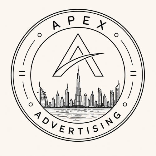 Clean black outline artwork of a custom Apex Advertising lapel pin with the company logo and Dubai skyline.