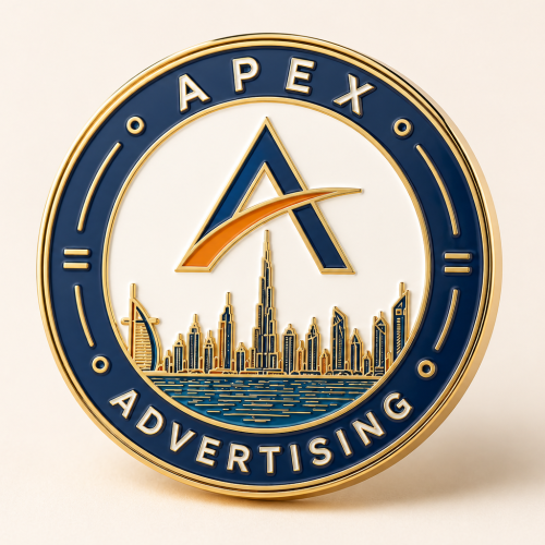 Finished navy, orange, white and gold Apex Advertising enamel lapel pin featuring the Dubai skyline.