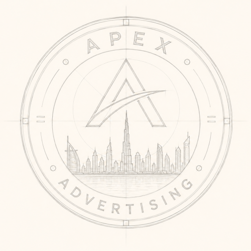 Light pencil construction sketch of a circular Apex Advertising lapel pin featuring the company logo and Dubai skyline.