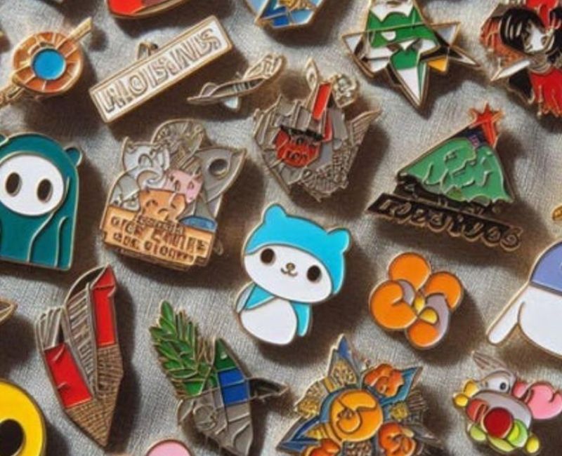 Collection of colourful custom soft-enamel pins in assorted characters, logos and unique shapes.