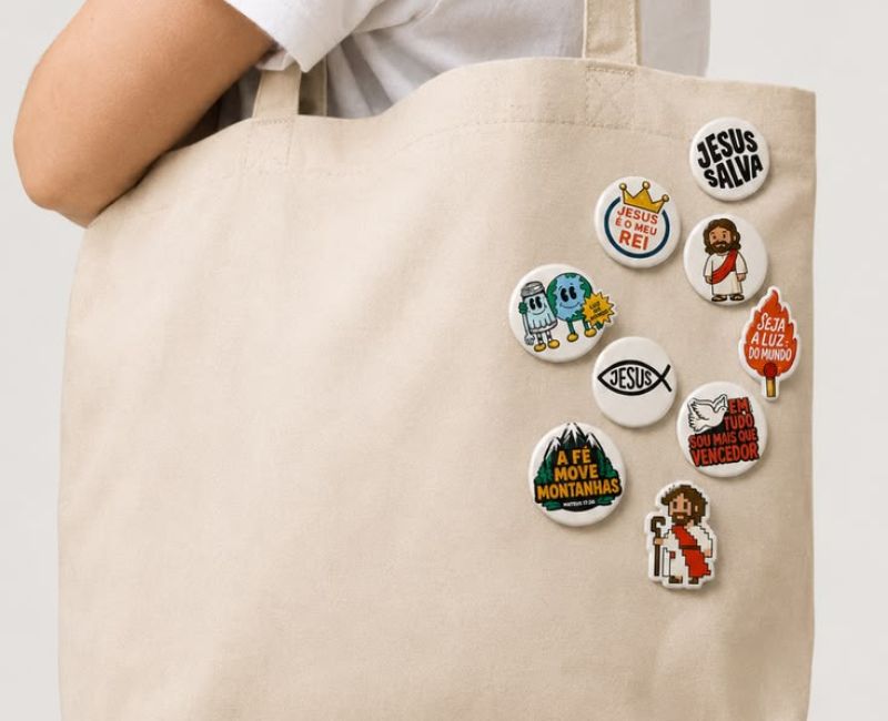 Collection of colourful religious-themed button badges and pins attached to a beige canvas tote bag.
