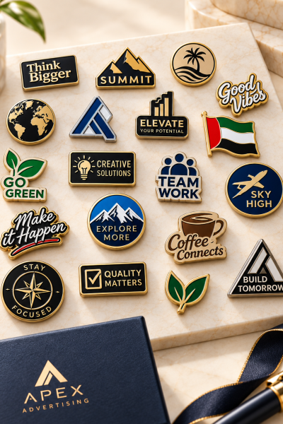 Custom lapel pins with branded corporate logo designs in Dubai UAE